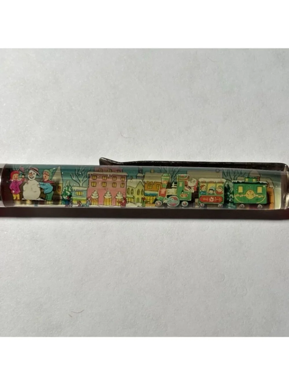 Merry Christmas Floaty Pen Santa Claus Train Moves Snowy Town Vintage Holiday